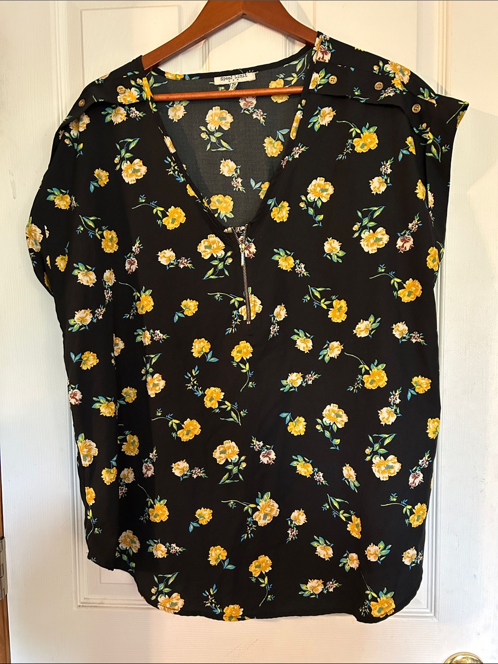 Zip-Front Black Floral Blouse with Yellow Bloom - Women's Top